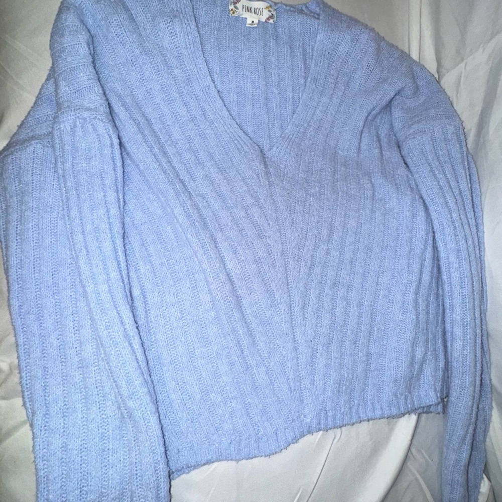 Pink Rose Blue V-Neck Sweater with Ribbed Texture